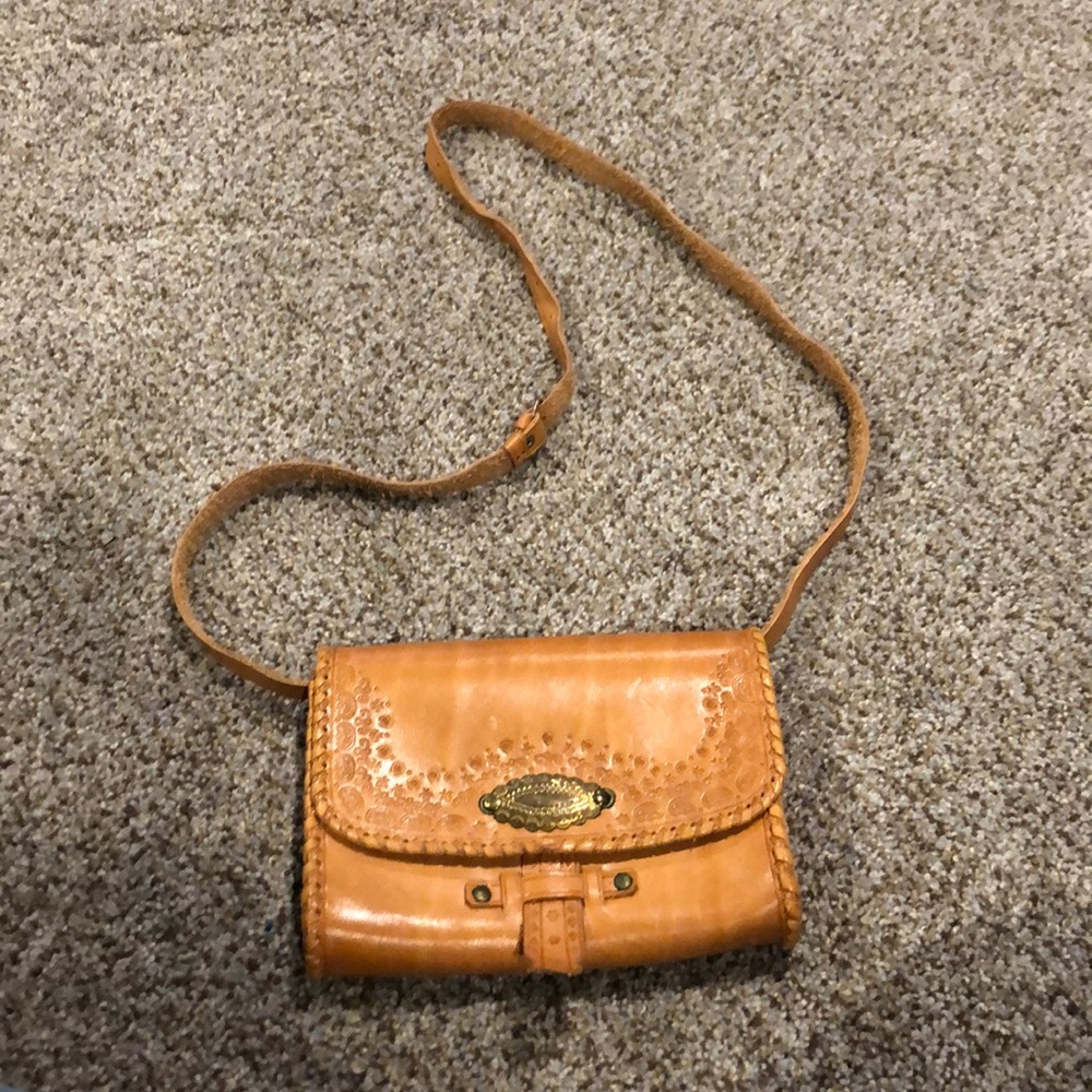 Raw Etched Tan Leather Crossbody/Clutch